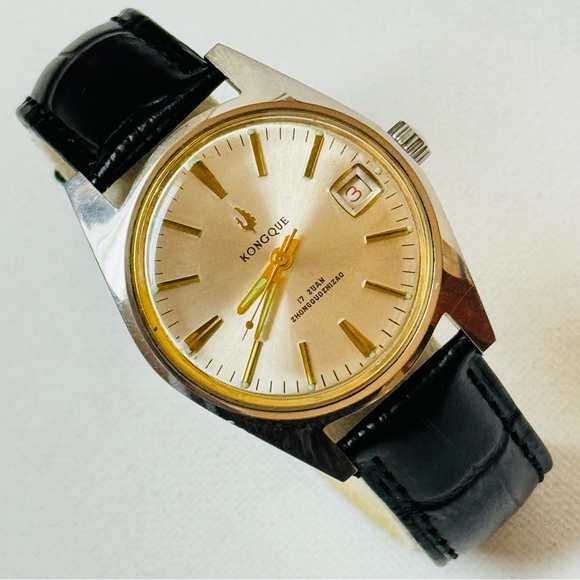 Vintage Kongque Peacock Hand Wind Mens Silver Mechanical Date Watch Leather 3304